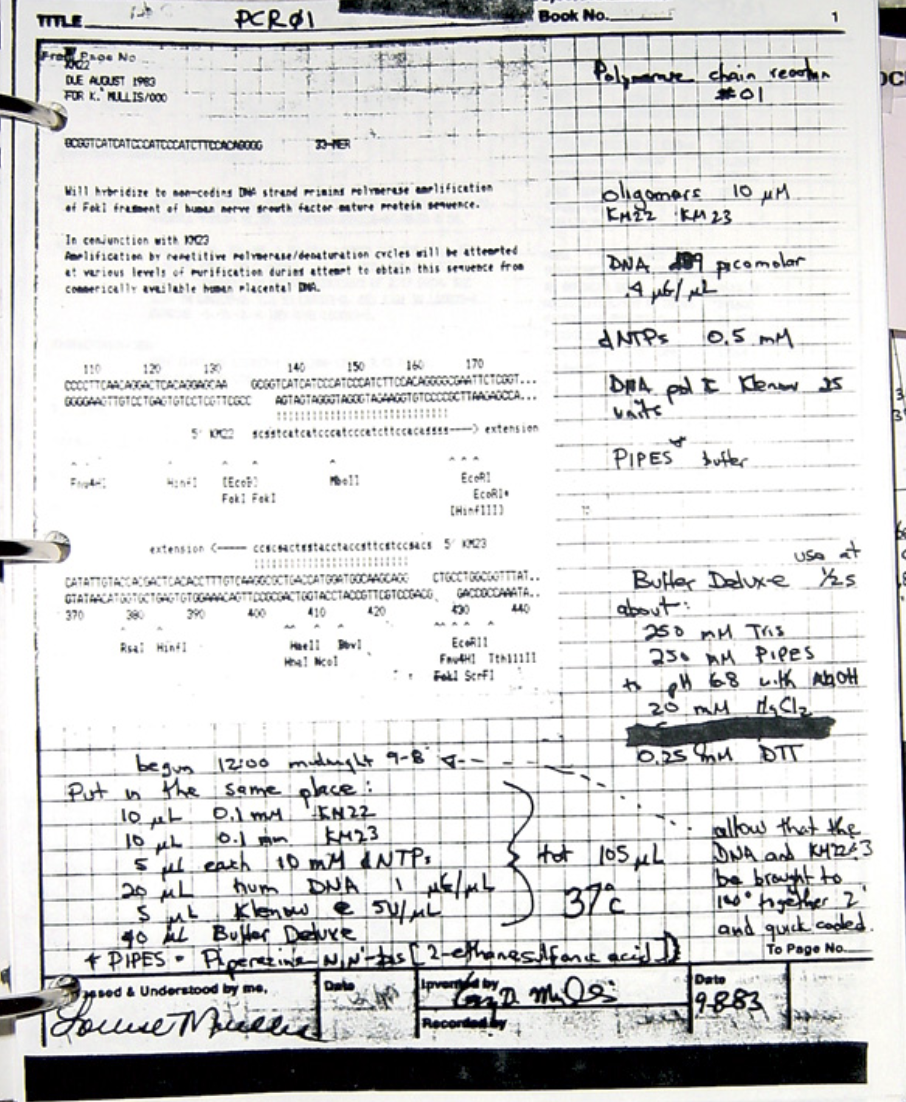 Kary Mullis notebook page with PCR 01 notes